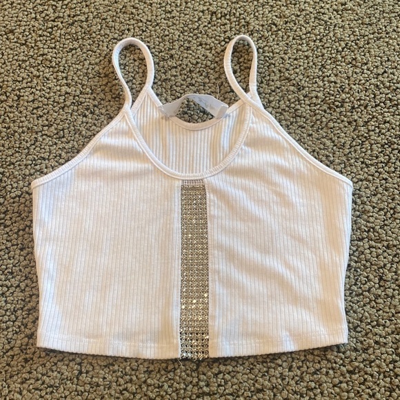 Emma & Sam White & Rhinestone Ribbed Cropped Tank Top Size Small in EUC - Picture 1 of 8